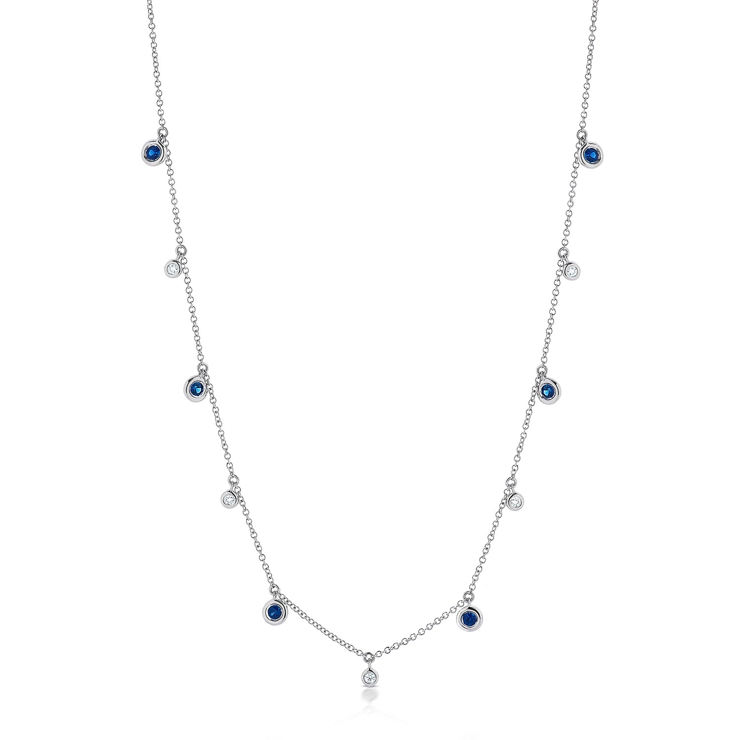 
  
  14k White Gold Dangling Bezel Diamond and Sapphire Necklace
  

