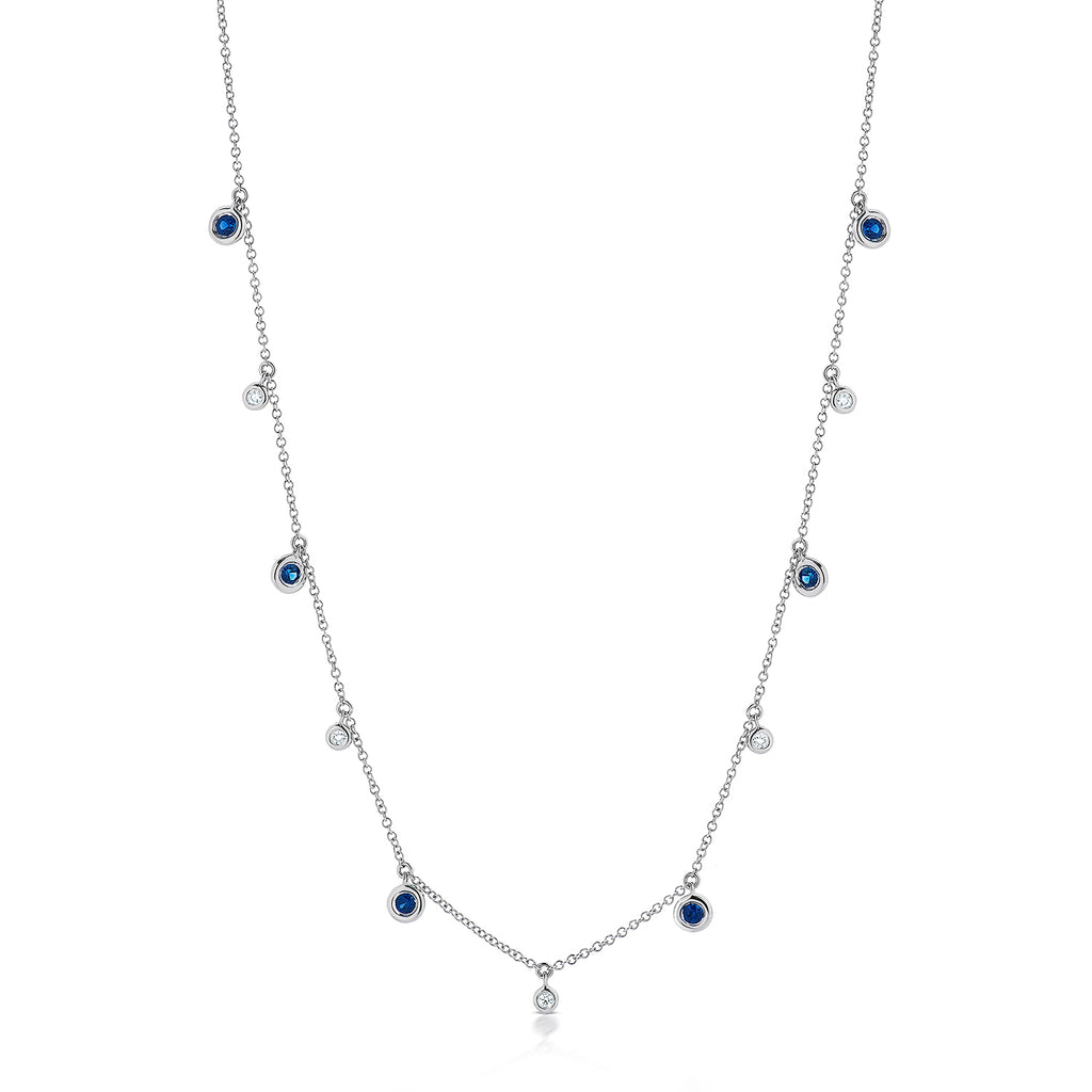 14k White Gold Dangling Bezel Diamond and Sapphire Necklace