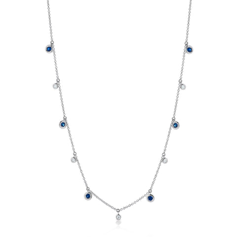 14k White Gold Dangling Bezel Diamond and Sapphire Necklace