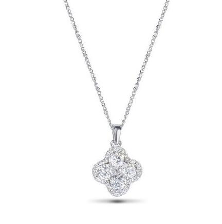 14k White Gold Diamond Cluster Clover Pendant Necklace