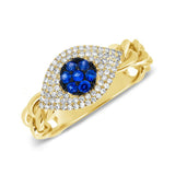 14K Yellow Gold Sapphire and Diamond Evil Eye Chain Ring