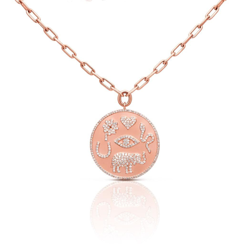 
  
  Lucky Diamond Medallion Necklace in 14k Rose Gold on chain
  
