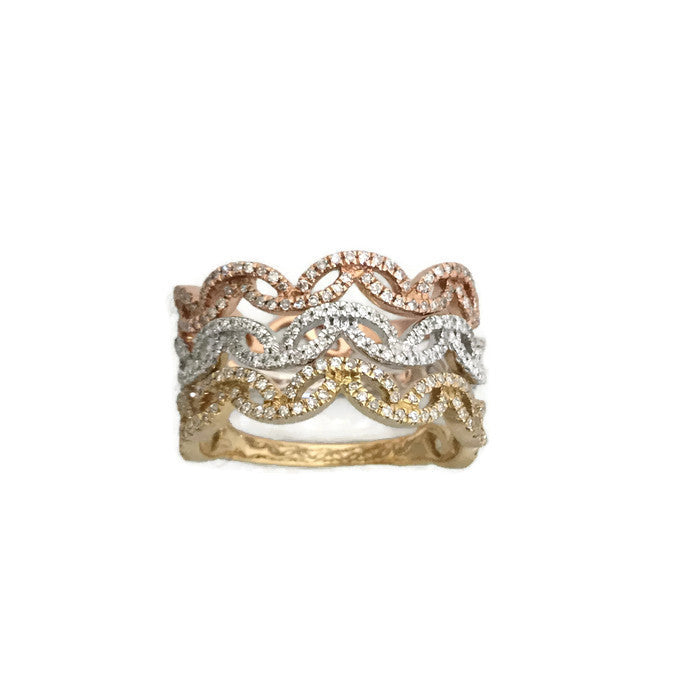 Tri-color 14k diamond stacking band rings