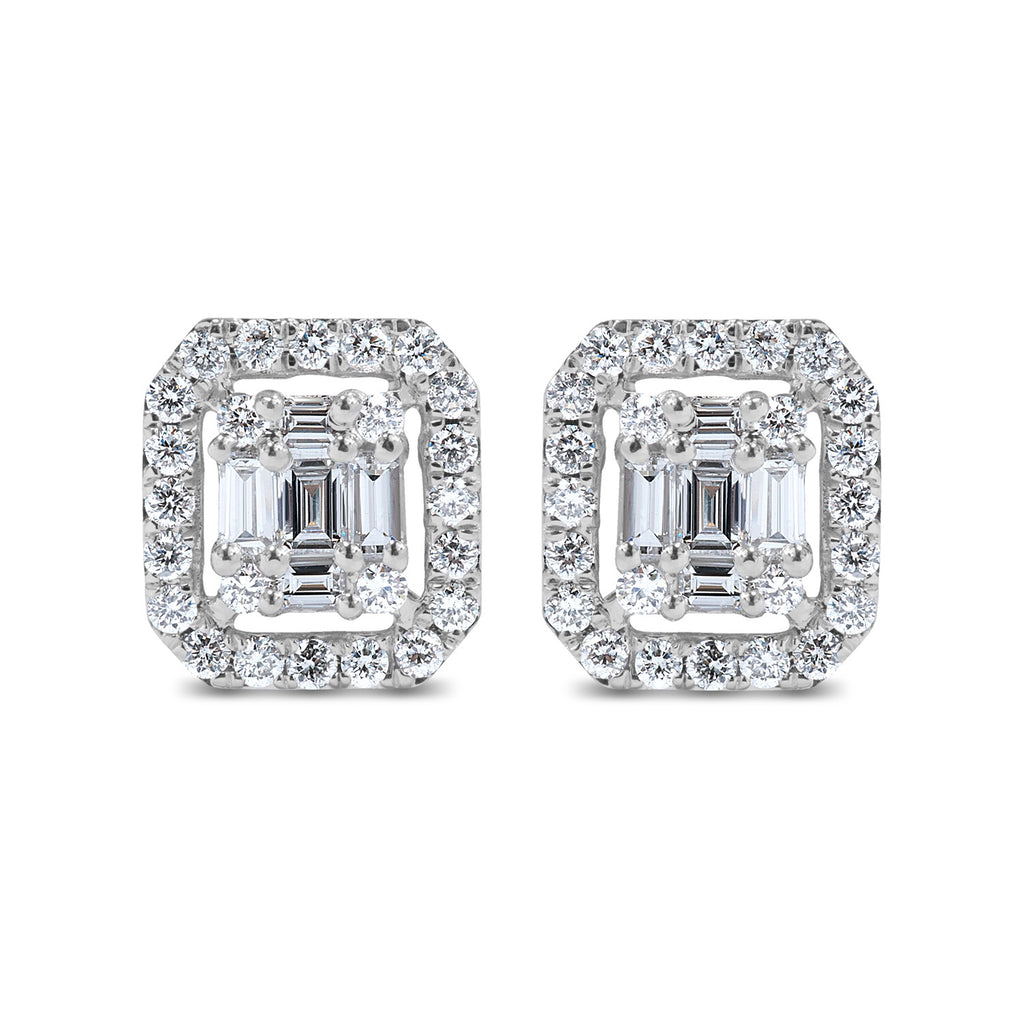 White Gold Rectangular Halo Diamond Earrings