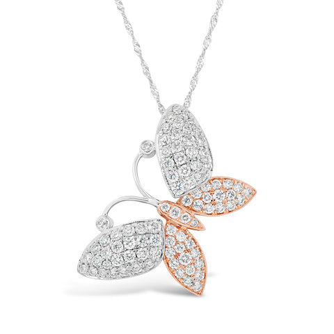 14k Two Tone White Gold and Rose Gold  Diamond Butterfly Pendant Necklace