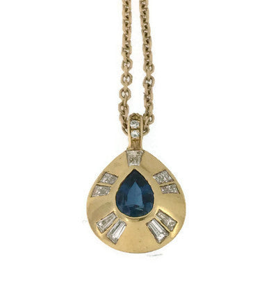 Yellow Gold Sapphire & Diamond Baguette Pendant Necklace