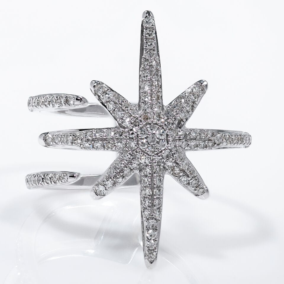 14k White Gold Large Starburst Open Design Diamond Ring
